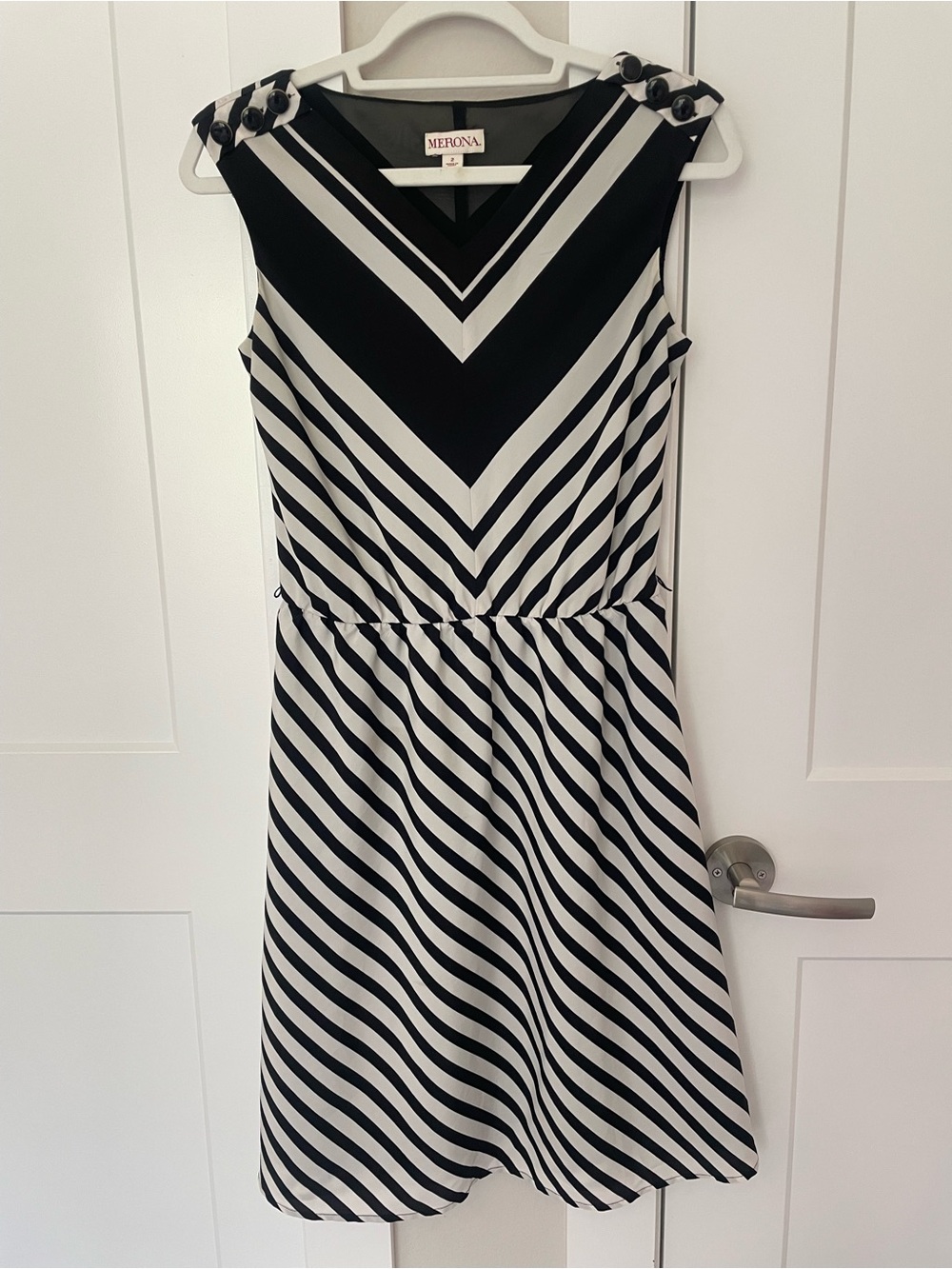 Merona Black & White Striped V‑Neck Button‑Shoulder Mini Dress